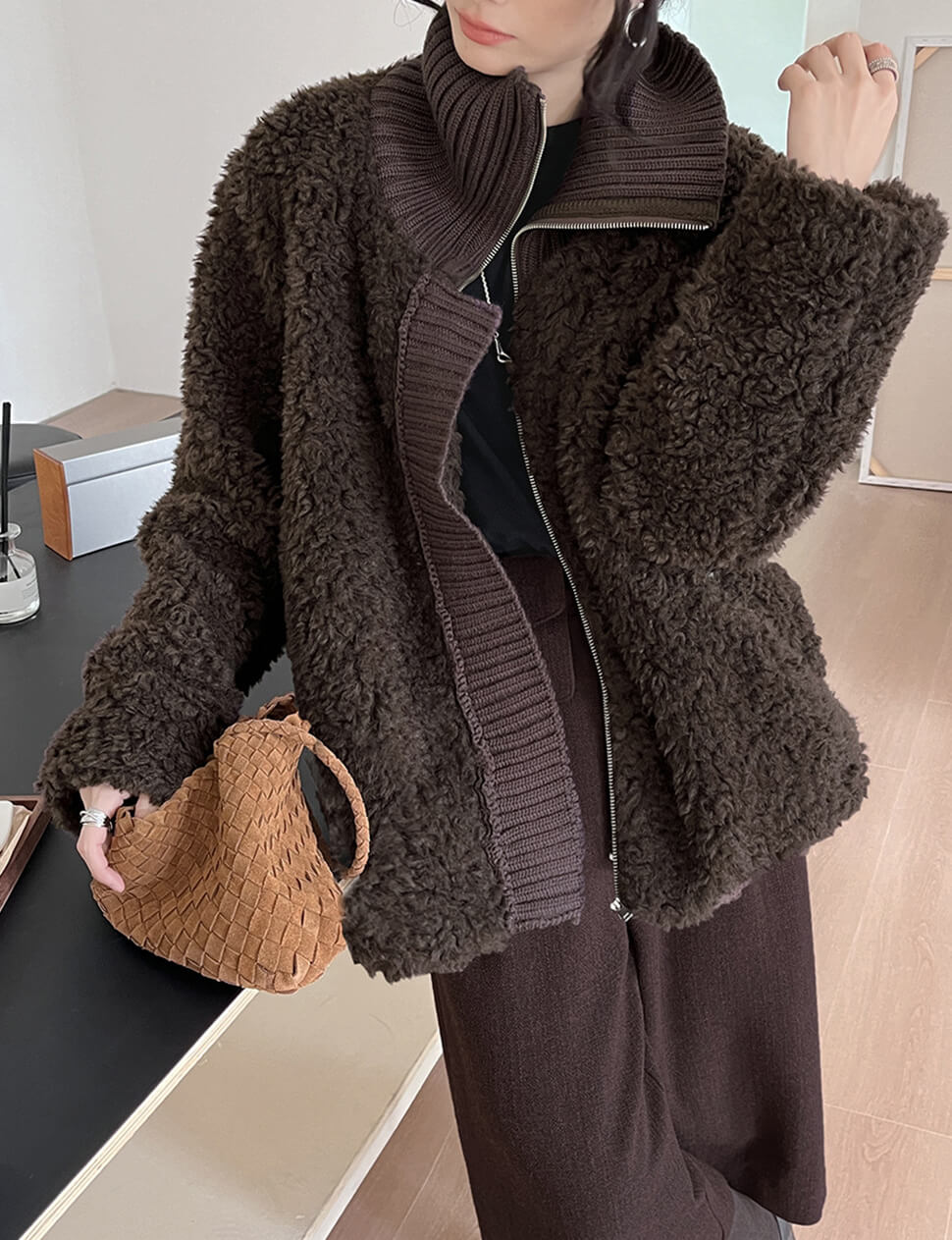 Brown Fur Knit Zip Jacket