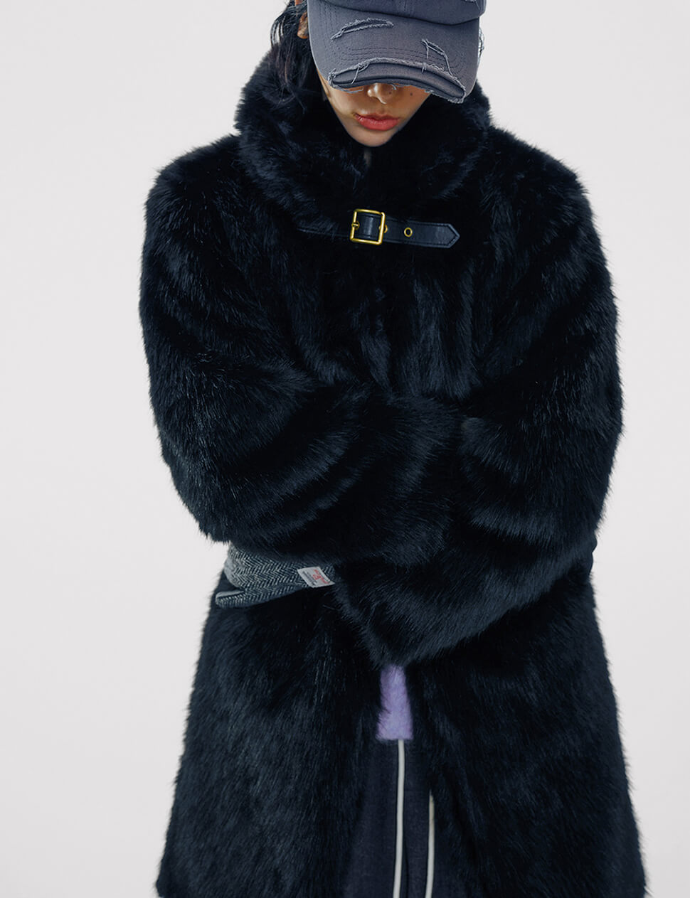 Black Buckled Neck Fur Coat