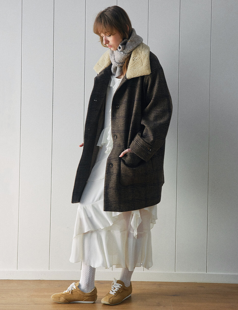 Brown Plaid Fur Collar Coat