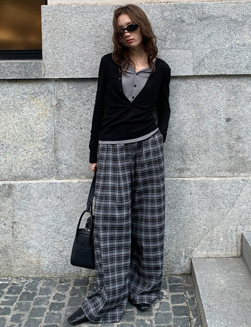 Black and Grey Plaid Wide-Leg Pants