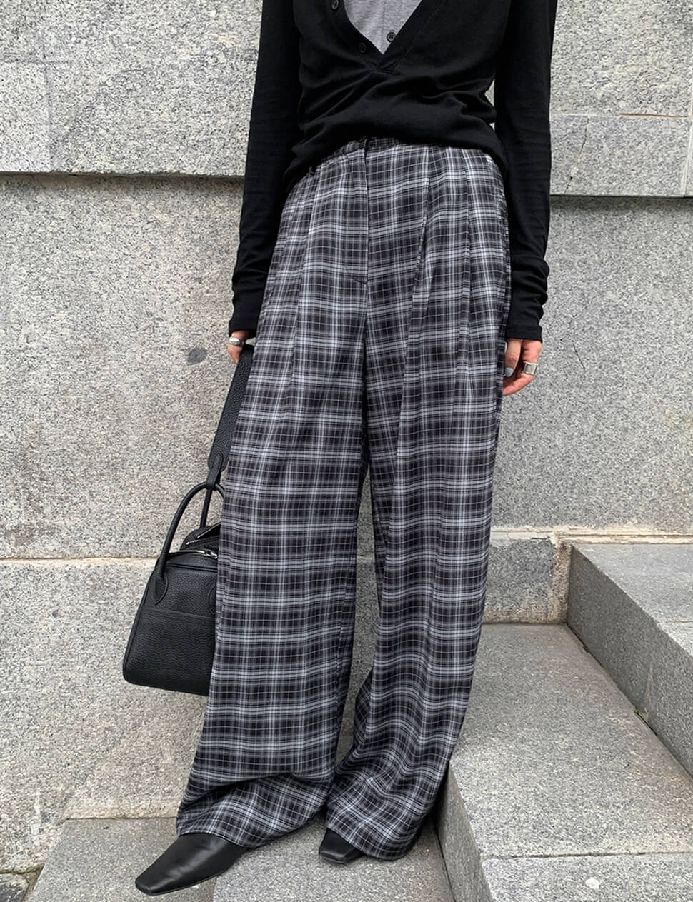 Black and Grey Plaid Wide-Leg Pants