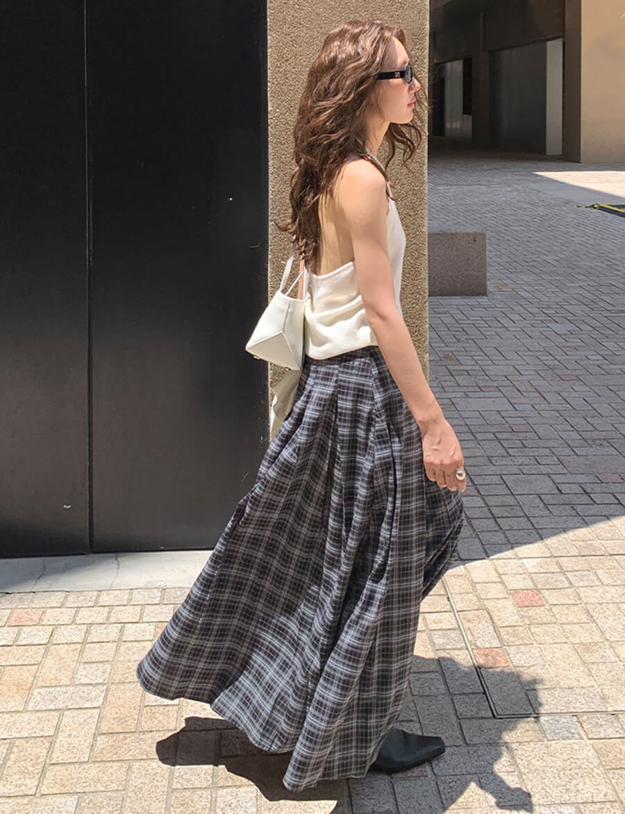 Grey Plaid Belted Skirt