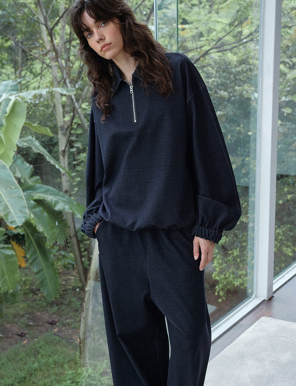 Navy Collar Zip Sweatshirt