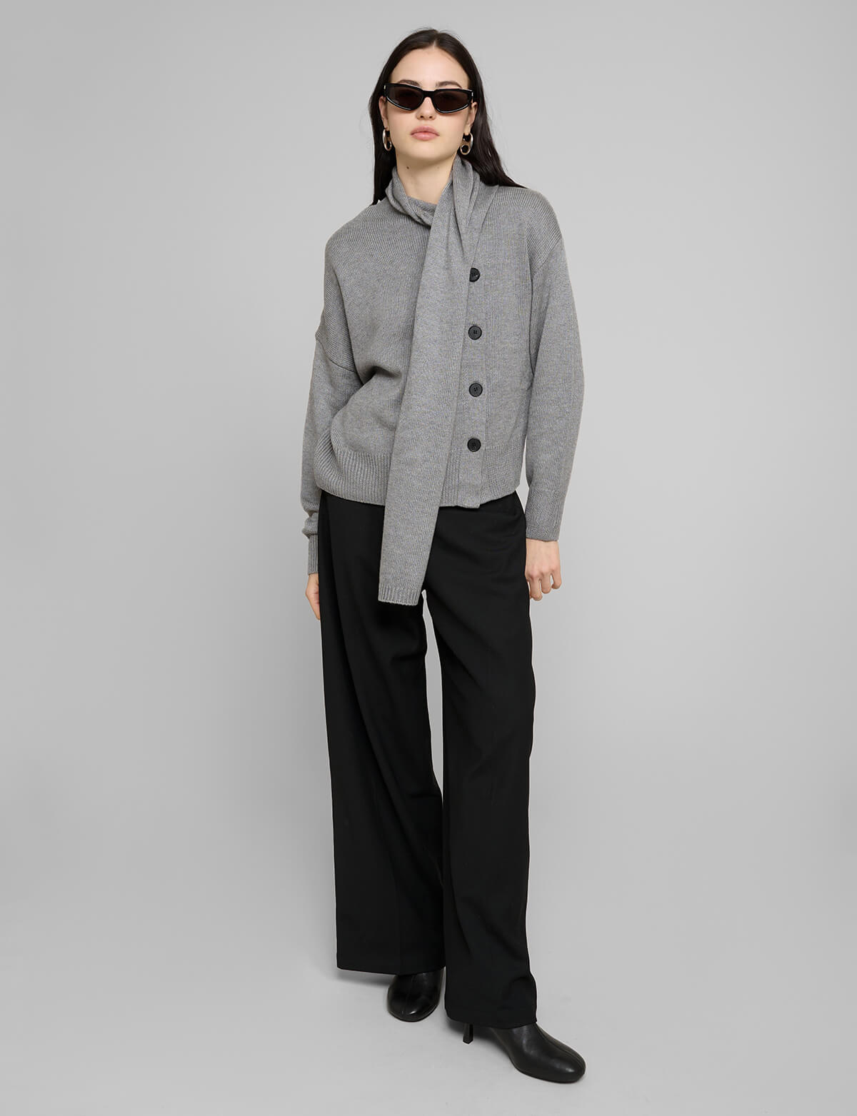 Grey Scarf Button Sweater