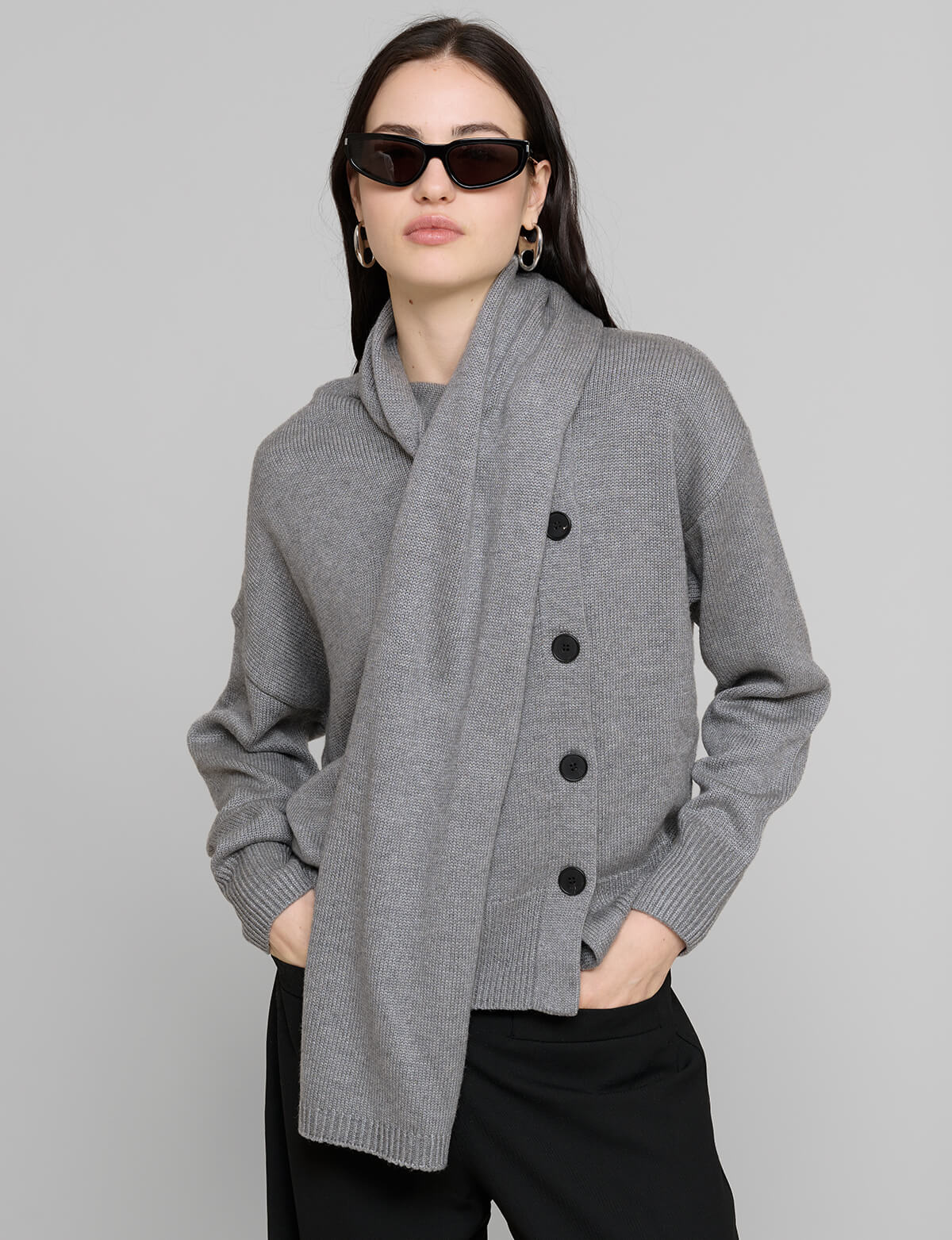 Grey Scarf Button Sweater