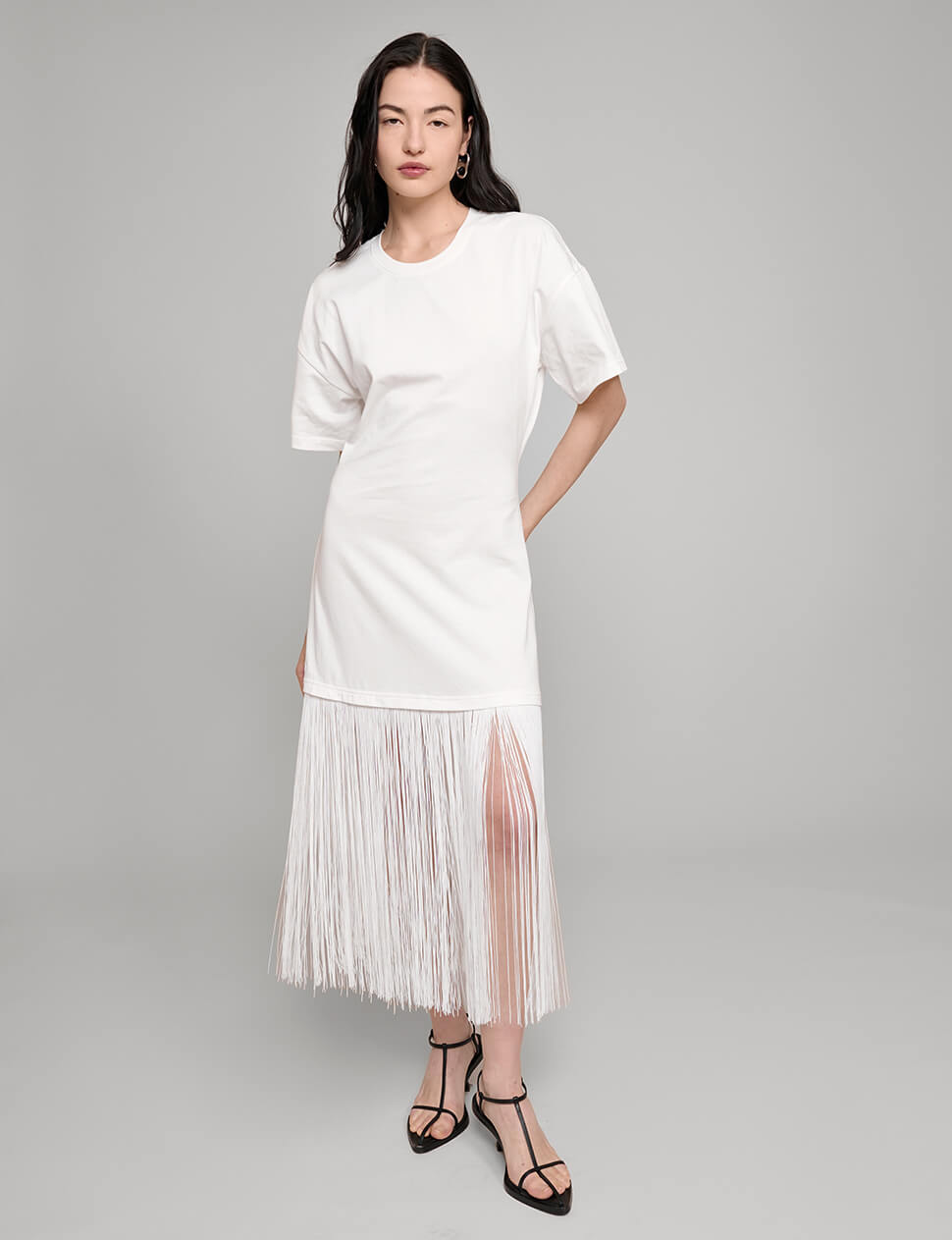 White Fringe Cotton Tee Dress