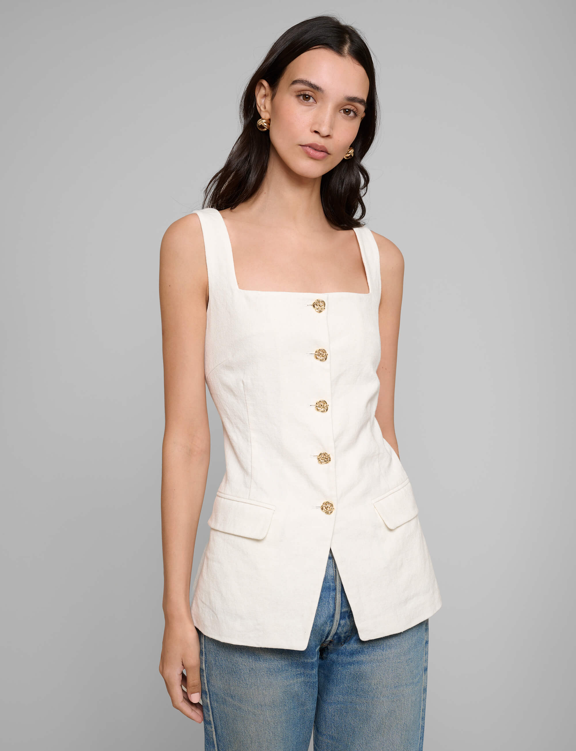 Agatha Gold-Button Linen Top