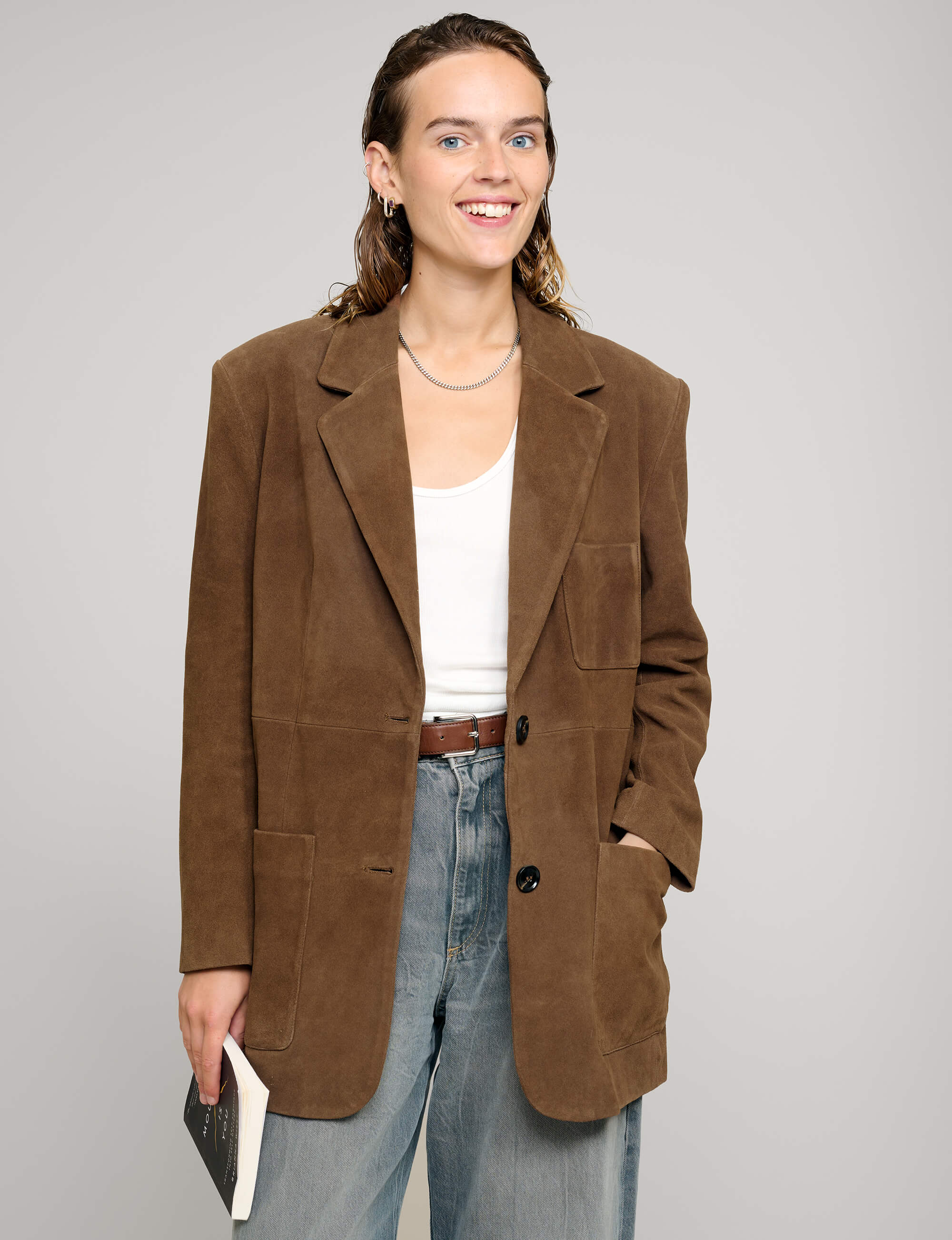 Brown Genuine-Leather Suede Blazer