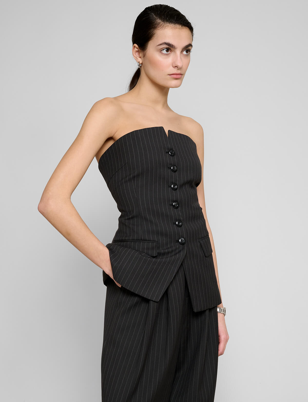 Pin-Stripe Button Strapless Top