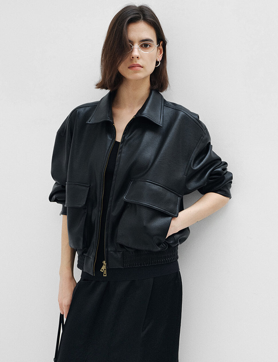 Black Cargo Pocket Cropped Leather Bomber Jacket