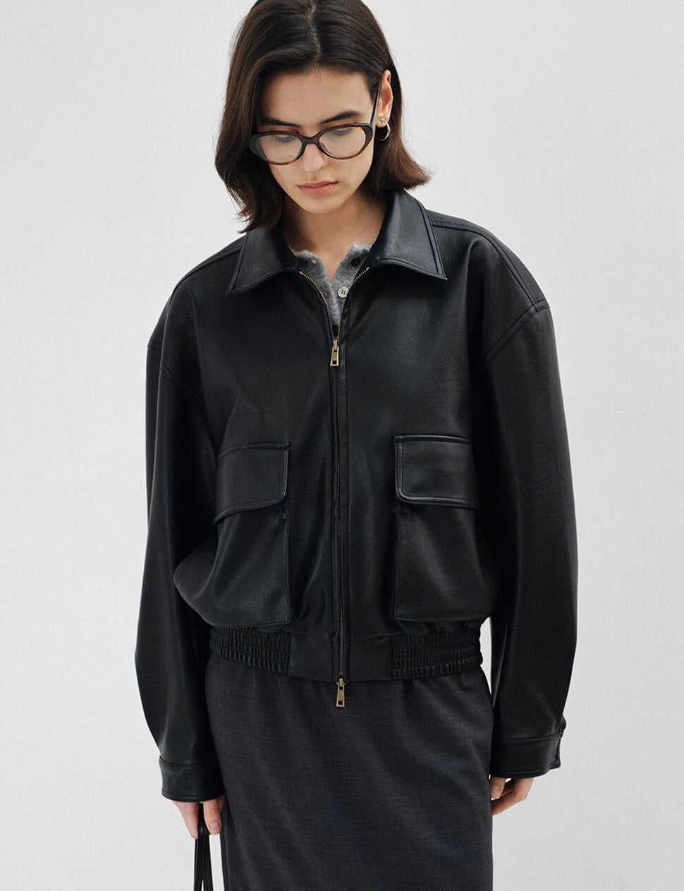 Black Cargo Pocket Cropped Leather Bomber Jacket