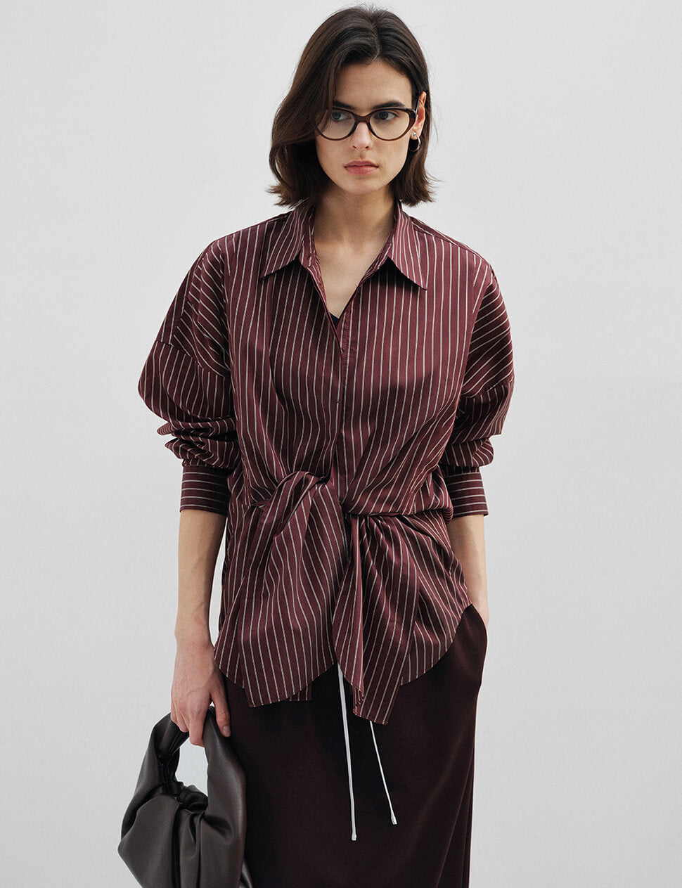Burgundy Striped Tie Waist Oversized Shirt