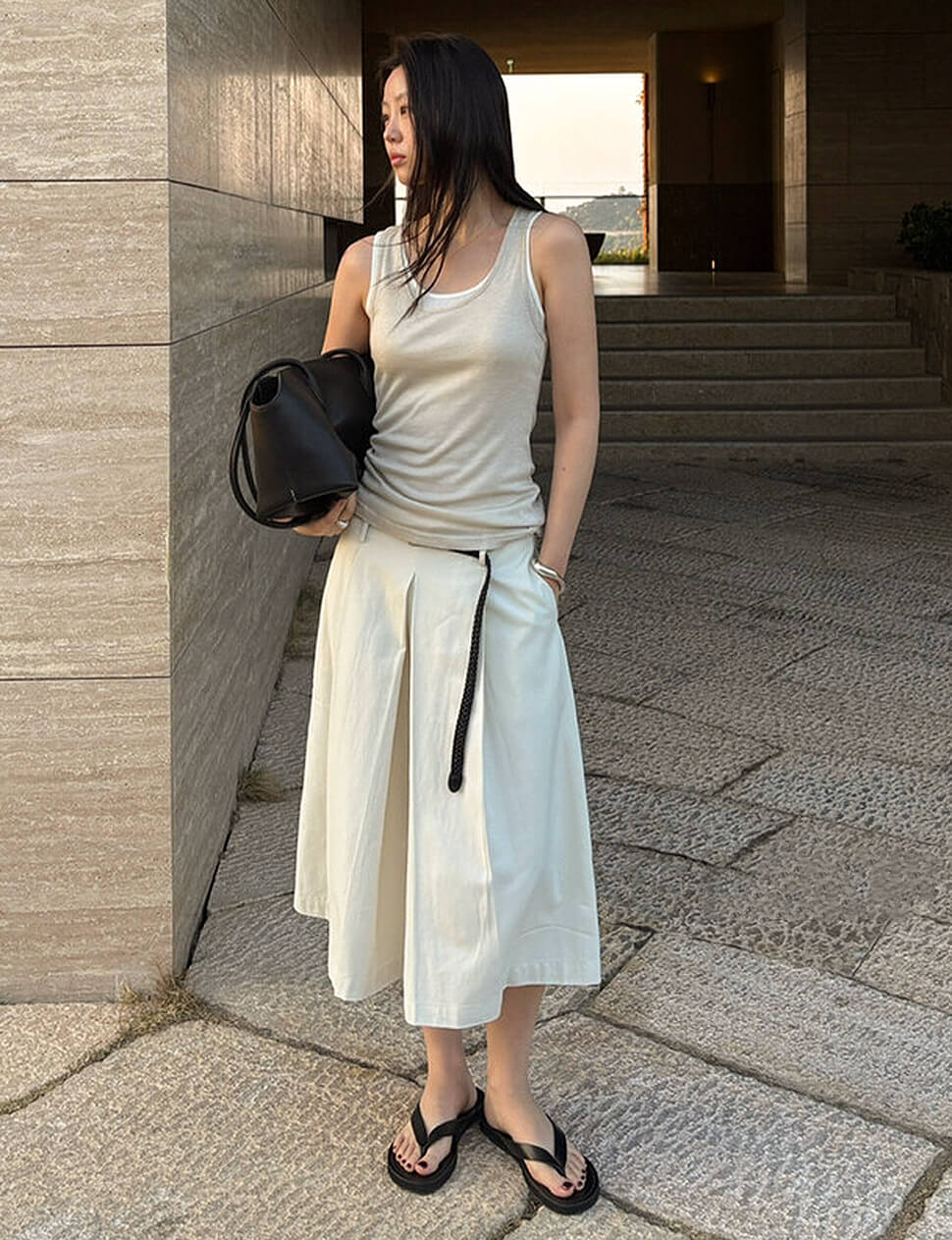 Beige Belted Pleated Long Shorts