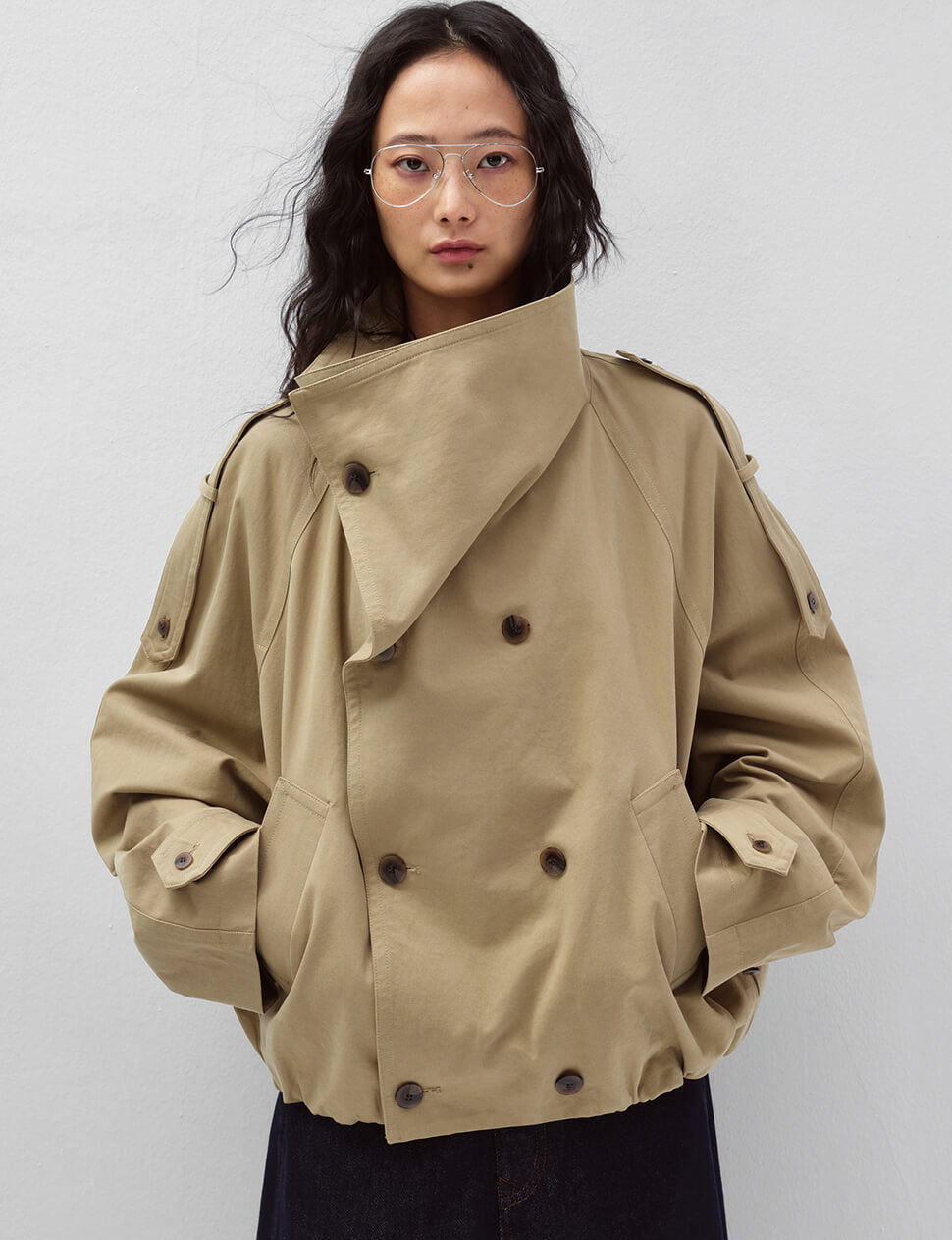 Khaki Cropped Funnel Neck Trench Jacket-BESTSELLER