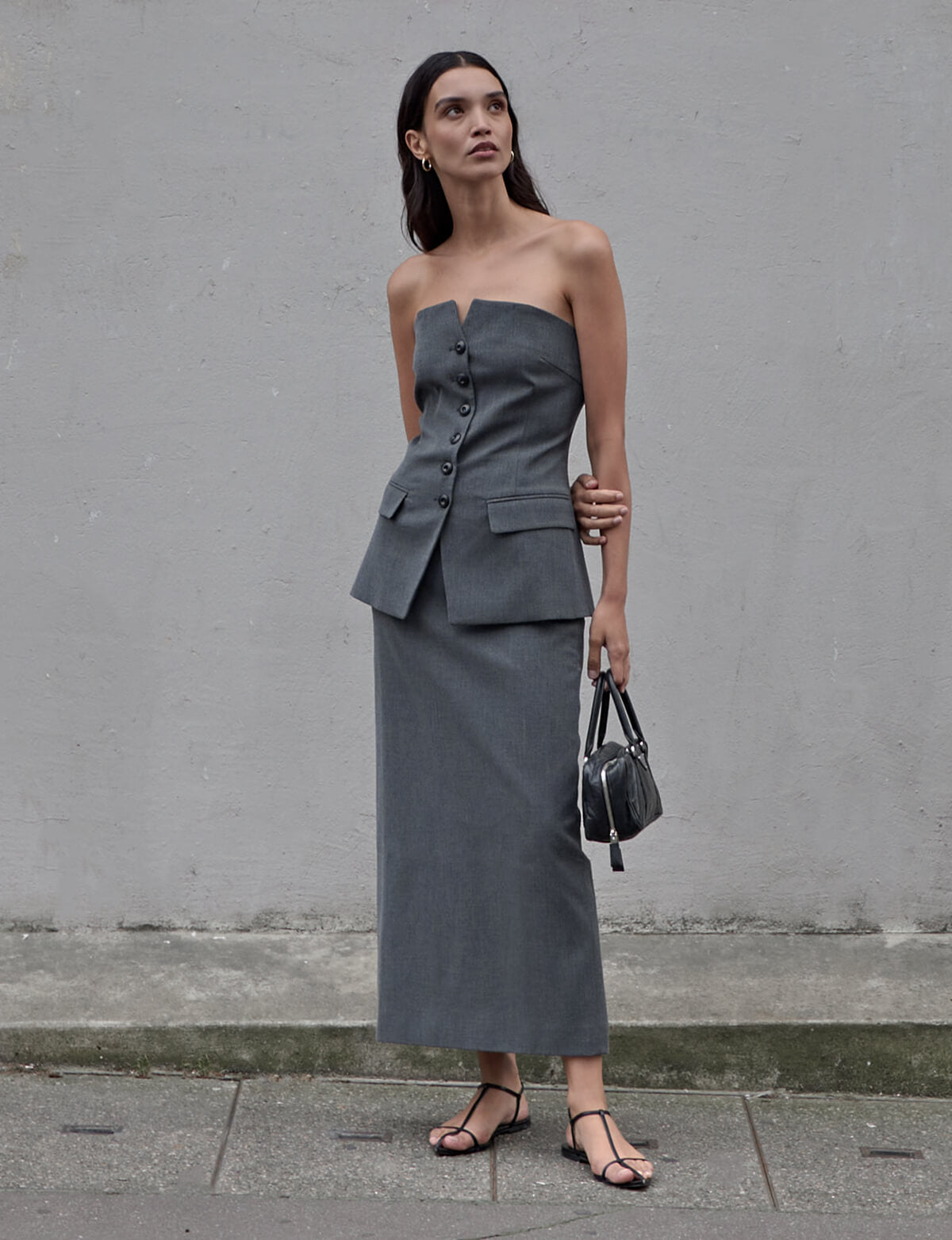 Grey Button Strapless Top