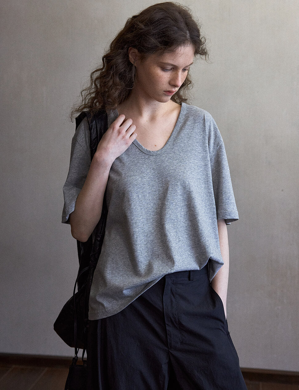 Grey Scoop Neck Relaxed Tee-PREORDER