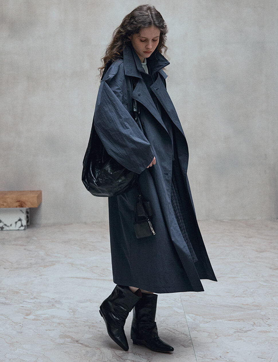 Navy Funnel Neck Zip Trench Coat