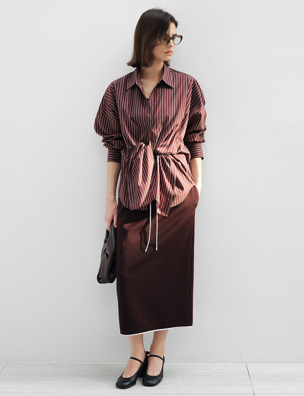 Burgundy Striped Tie Waist Oversized Shirt
