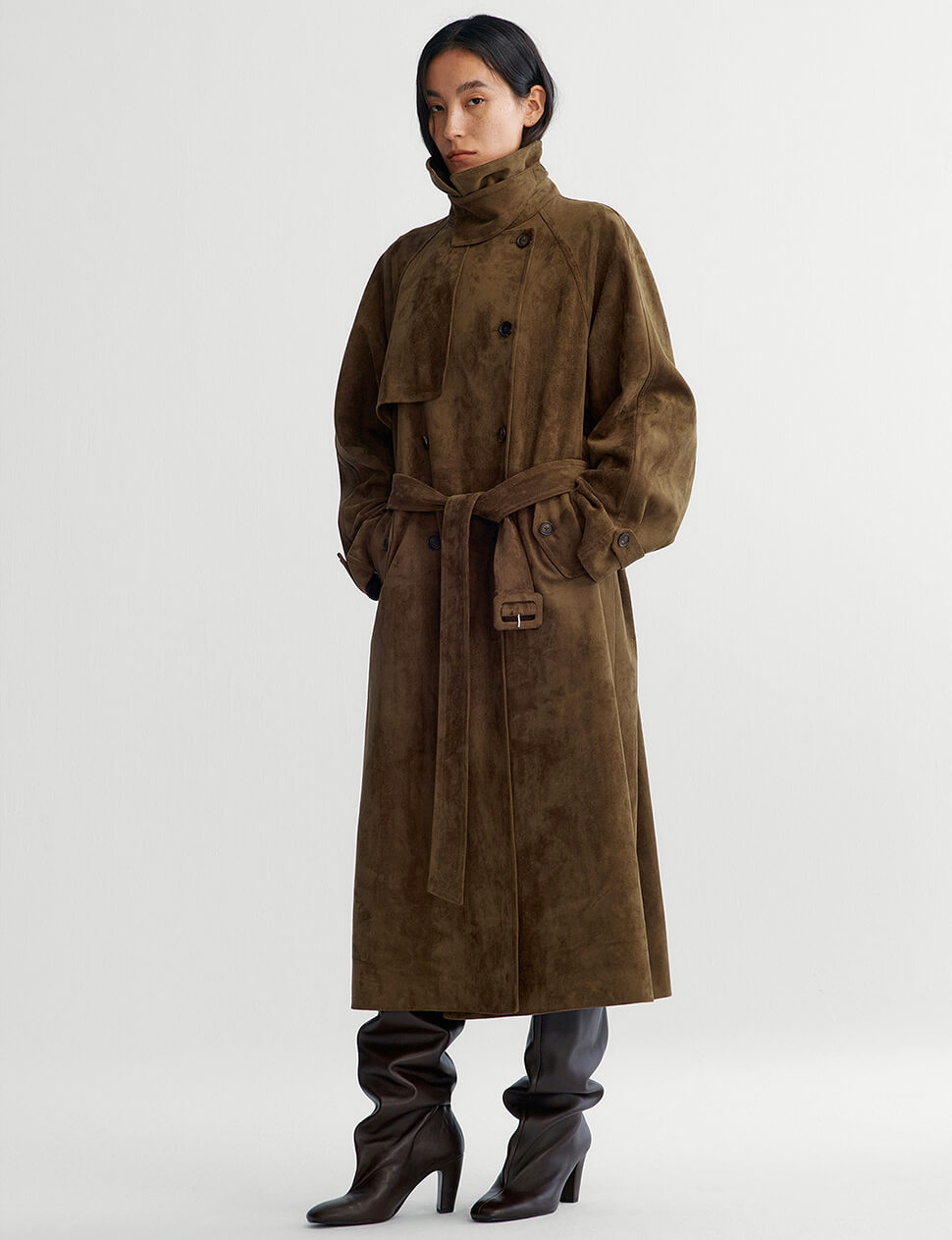 Khaki Brown Suede Trench Coat