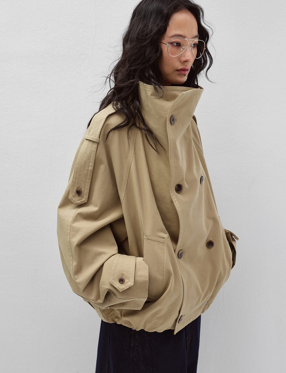 Khaki Cropped Funnel Neck Trench Jacket-BESTSELLER