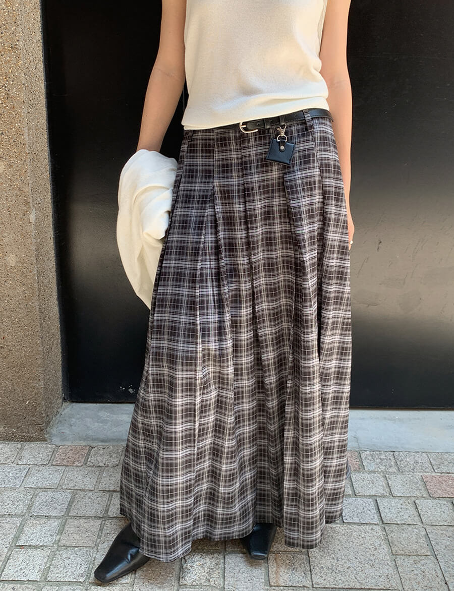 Grey Plaid Belted Skirt