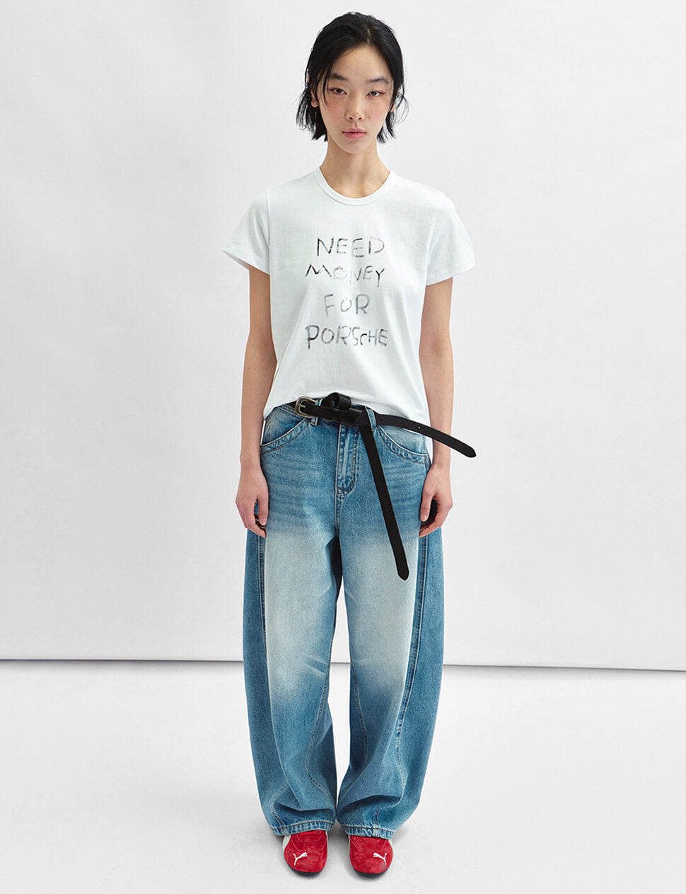 Black Long Leather Belt with Silver Buckle