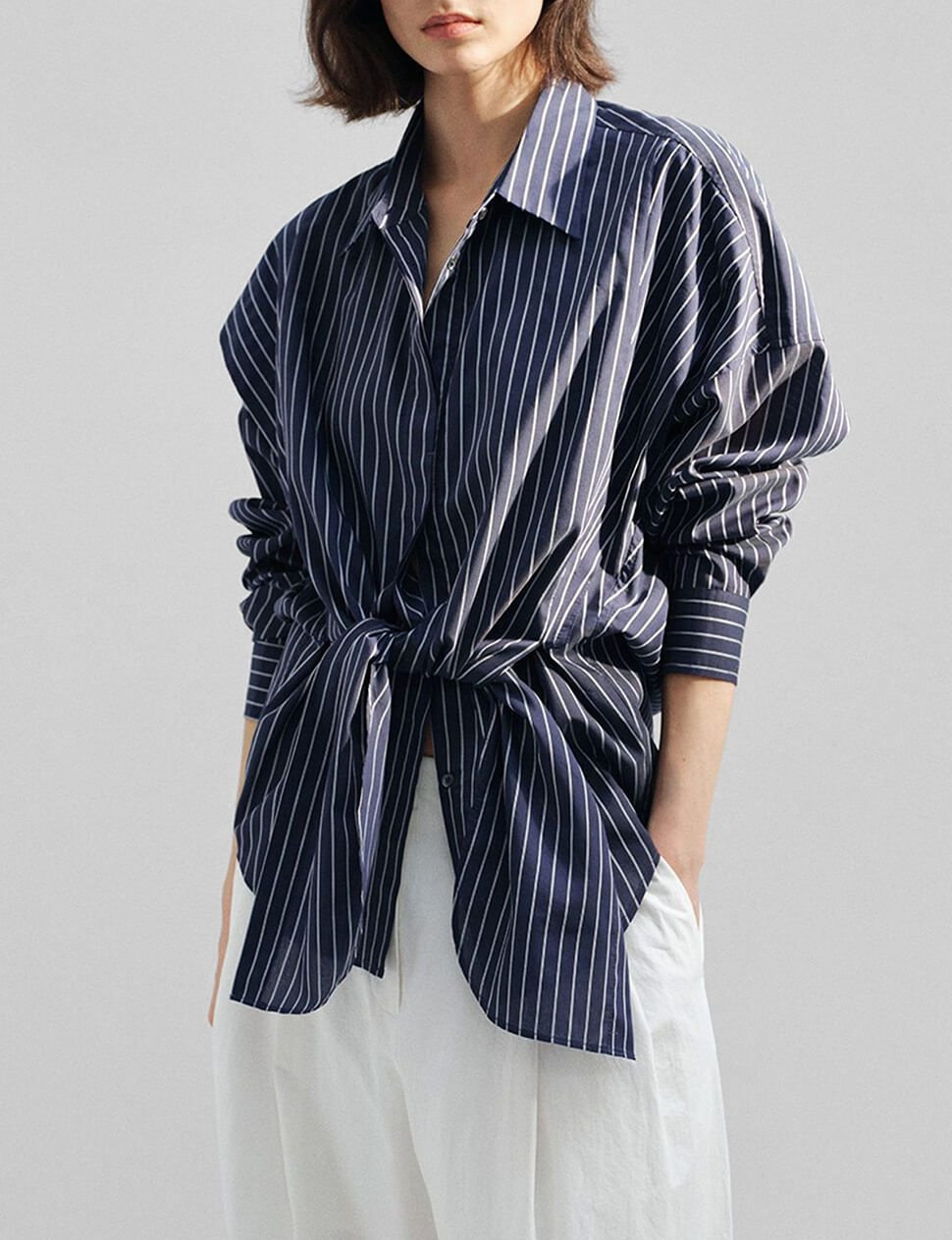 Navy Striped Tie Waist Oversized Shirt