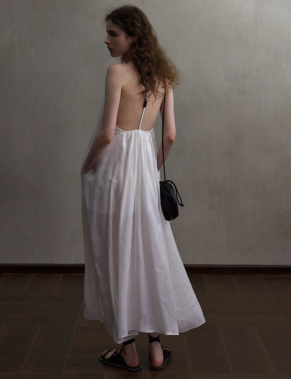 Beaded White T-Strap Open Back Maxi Dress-PREORDER