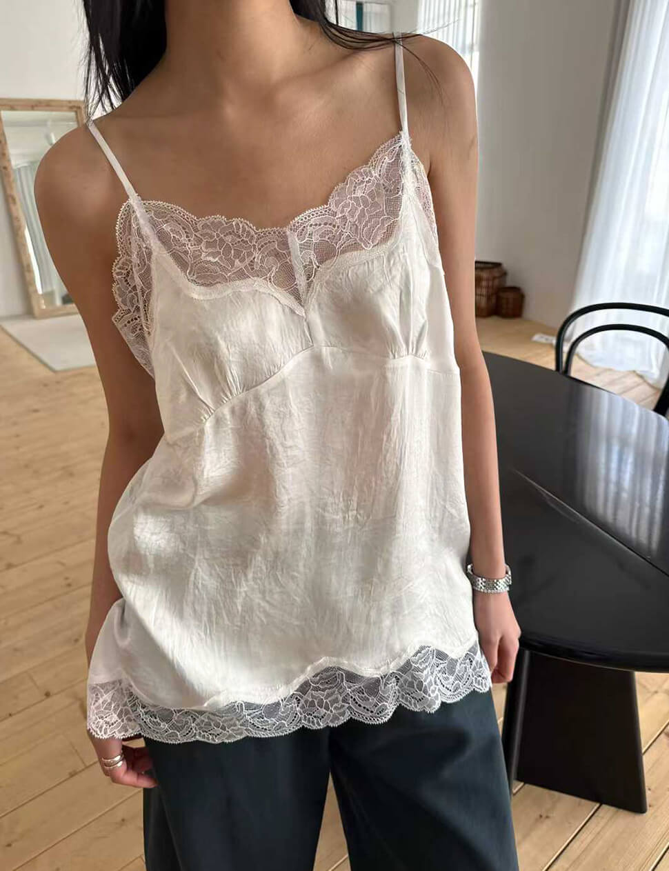 White Silky Lace Trim Cami Tank-PREORDER